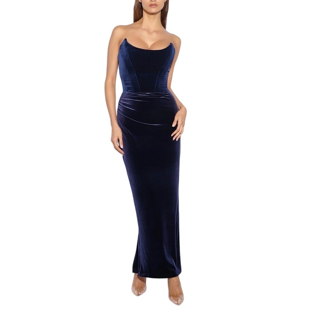 Effie Kats Deep Navy Blue Velvet Koi Gown Strapless‎ Bustier Maxi Evening dress